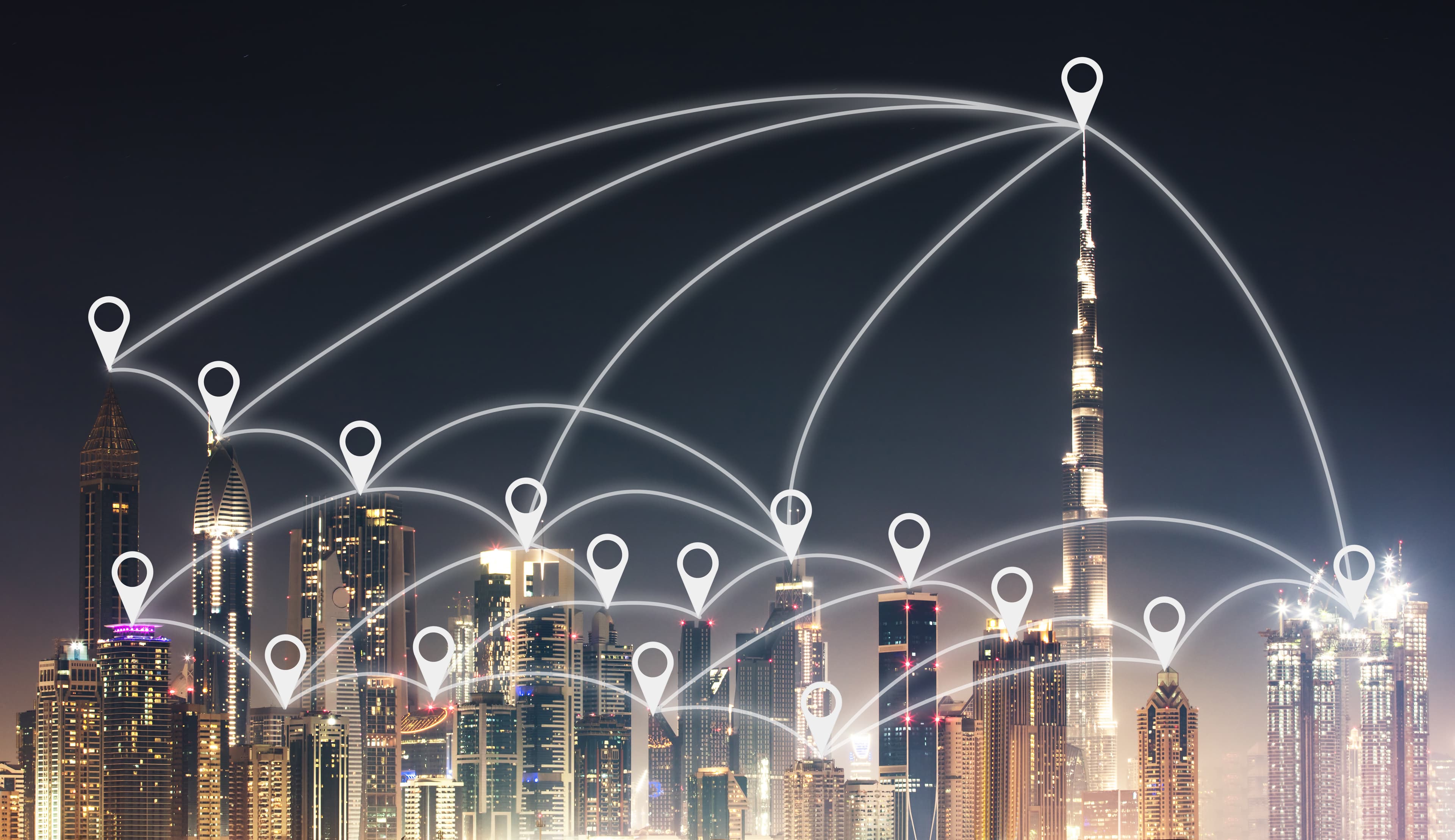 City with location icons linked
